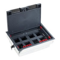Блок розеток в пол (люк в пол для розеток) на 8 постов (1 пост = 45х45 мм) с суппортом и коробкой, сталь, LUK/8 70080+70180, Экопласт